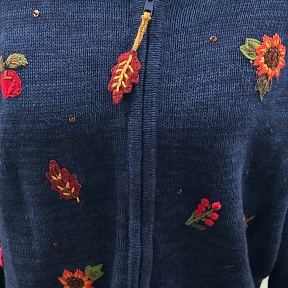 Tiara International Autum Fall leaves zip embroidered cardigan sweater medium - Picture 3 of 5